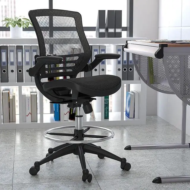 Alt view image 11 of 20 - Mid-Back Transparent Black Mesh Drafting Chair with Black Frame and Flip-Up Arms