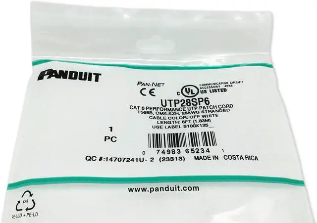 Alt view image 7 of 7 - Panduit UTP28SP6 6 ft. Cat 6 Off White UTP 28AWG CM LSZH Copper Patch Cord
