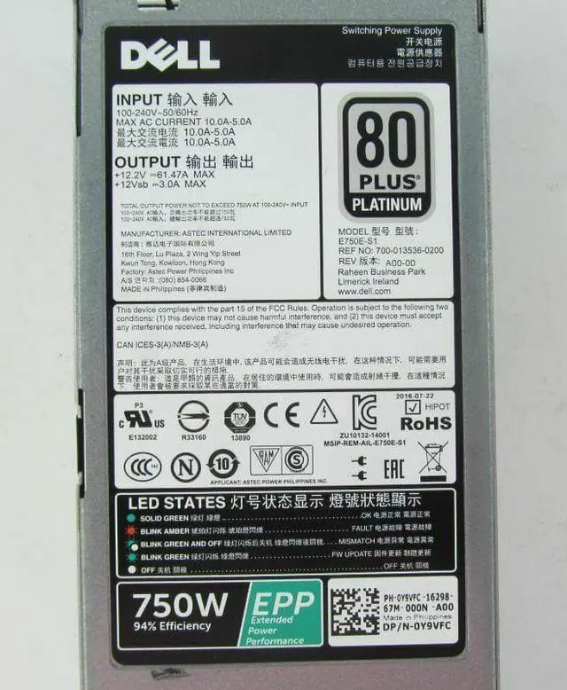 Alt view image 3 of 4 - Dell 0Y9Vfc 750W Power Supply Unit R630 R730 R730Xd T430