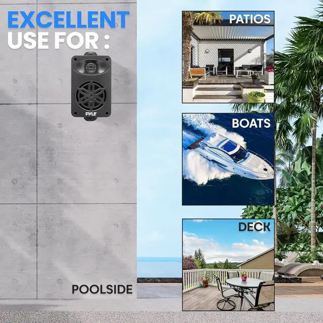 Alt view image 7 of 7 - Indoor Outdoor Speakers Pair - 200 Watt Dual Waterproof 3.5 2-Way Full Range Speaker System w/ 1/2 High Compliance Polymer Tweeter - in-Home, Boat, Marine, Deck, Patio, Poolside (Black)- PDWR35BK