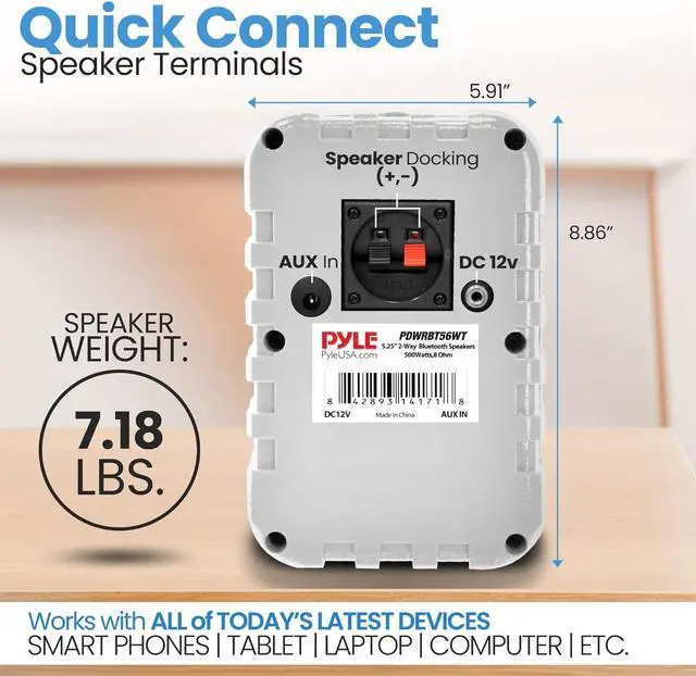 Alt view image 6 of 7 - PyleUsa Bluetooth Indoor Outdoor Speakers Pair - 500 Watt Dual Waterproof 5.25 2-Way Full Range Speaker System w/ 1/2 High Compliance Polymer Tweeter - Home, Boat,Deck, Patio, Poolside - PDWRBT56WT