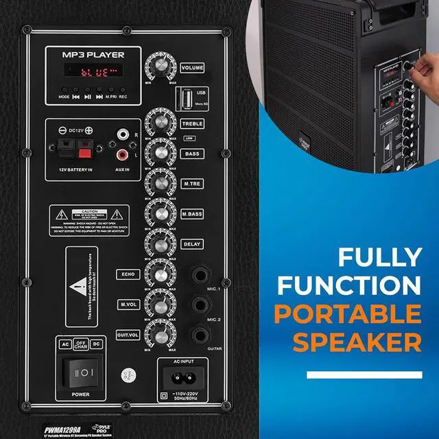 Alt view image 5 of 7 - Pyle 12'' Portable Wireless Bluetooth Speaker System - Built-in Rechargeable Battery, Wireless Microphone, USB/Micro SD/FM - 80 Watt - FM Radio with Digital LED Display, PWMA1299A