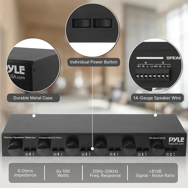 Alt view image 5 of 7 - Pyle 6 Channel High Power Stereo Speaker Selector with Volume Control, Rugged and Durable Housing Construction, Cabinet Heat Sink, Plug and Play Easy Install