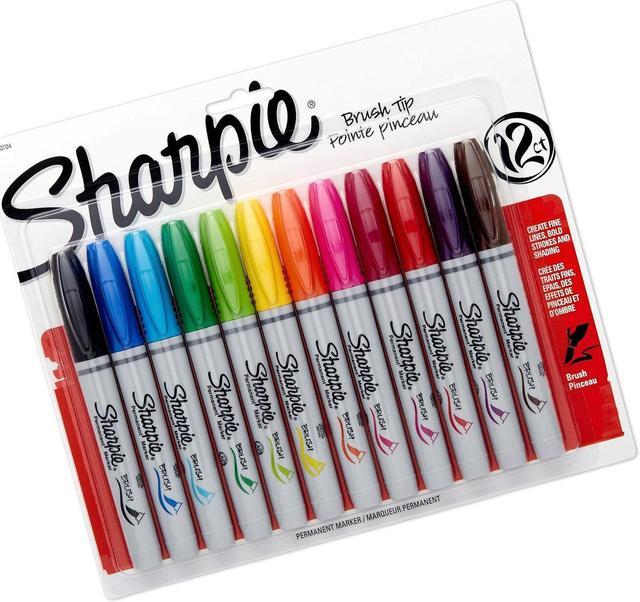 SHARPIE Permanent Markers, Brush Tip, Assorted, 12 Pack