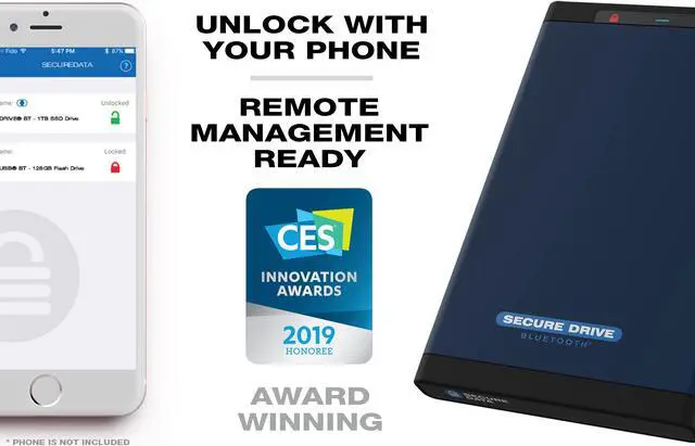Alt view image 3 of 5 - SecureData SecureDrive BT 500GB SSD FIPS 140-2 Level 3 Validated 256-Bit Hardware Encrypted External Portable  USB 3.0 - Secure Wireless Unlock via Mobile App