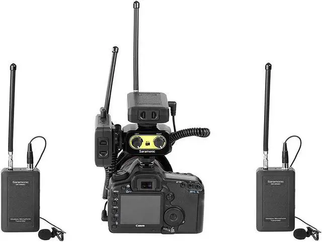 Alt view image 2 of 4 - Saramonic Wireless VHF Lavalier Microphone Bundle with 2 Bodypack Transmitters, 2 Receivers, and 2-Ch Mixer for DSLR Cameras, Camcorders + More - 200' Wireless Transmission Range (Black/Yellow)