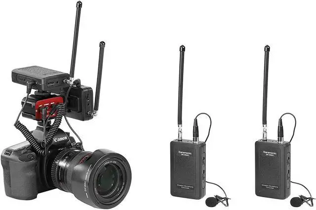 Alt view image 2 of 4 - Saramonic Wireless VHF Lavalier Microphone Bundle with 2 Bodypack Transmitters, 2 Receivers, and 2-Ch Mixer for DSLR Cameras, Camcorders + More - 200' Wireless Transmission Range (Black/Red)