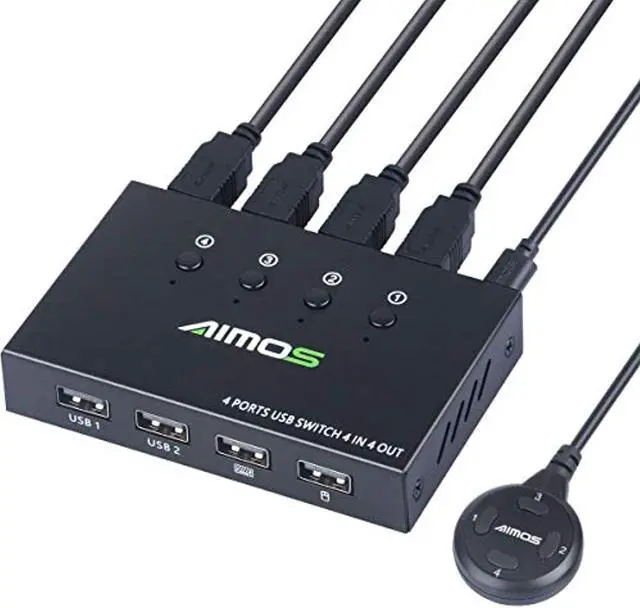 Main image of usb switch selector 4 port, aimos usb kvm switcher 4 computers sharing 4 usb devices one-button swapping, for share mouse, keyboard, printer, scanner, with 4 usb cables