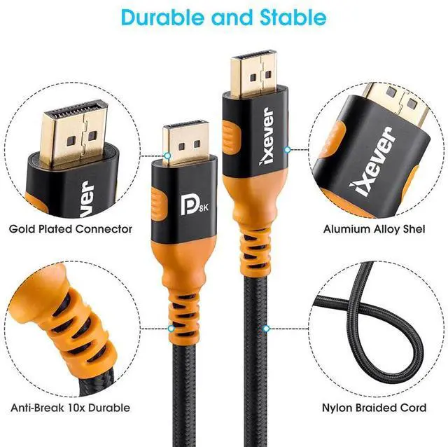 Alt view image 4 of 7 - 8K DisplayPort 1.4 Cable 16.4 ft, iXever DisplayPort to DisplayPort Cable 5m (8K@60Hz, 4K@144Hz and 2K@240Hz), HBR3, 32.4Gbps, HDCP 2.2, HDR Support