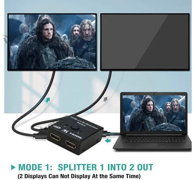 Alt view image 3 of 7 - HDMI Switch 4K HDMI Splitter, iXever Aluminum HDMI Switcher 2 Input 1 Output Bi-Directional, HDMI Switch Splitter 2 x 1/1 x 2, No External Power Required, Support 4K 3D HD 1080P for Xbox PS4 Roku HDTV