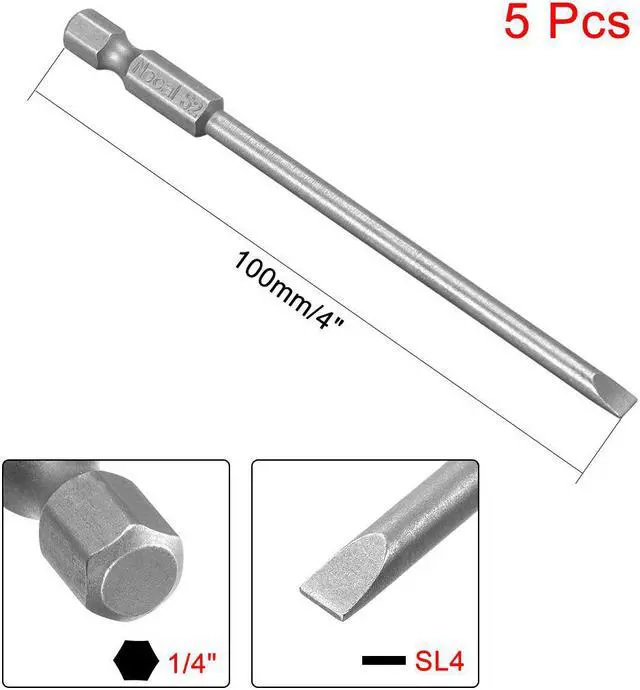 Alt view image 2 of 4 - 5Pcs 1/4" Hex Shank 100mm Length Magnetic SL4 Slot Head Screwdriver Bits S2 Alloy Steel