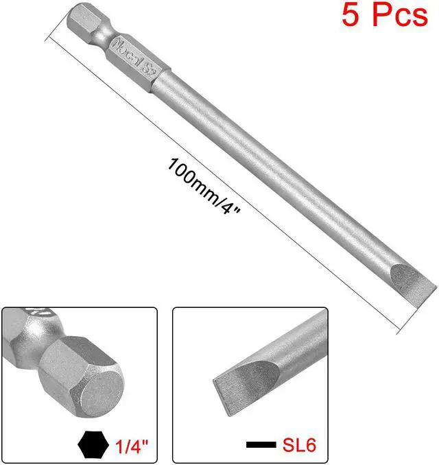 Alt view image 2 of 4 - 5Pcs 1/4" Hex Shank 100mm Length Magnetic SL6 Slot Head Screwdriver Bits S2 Alloy Steel