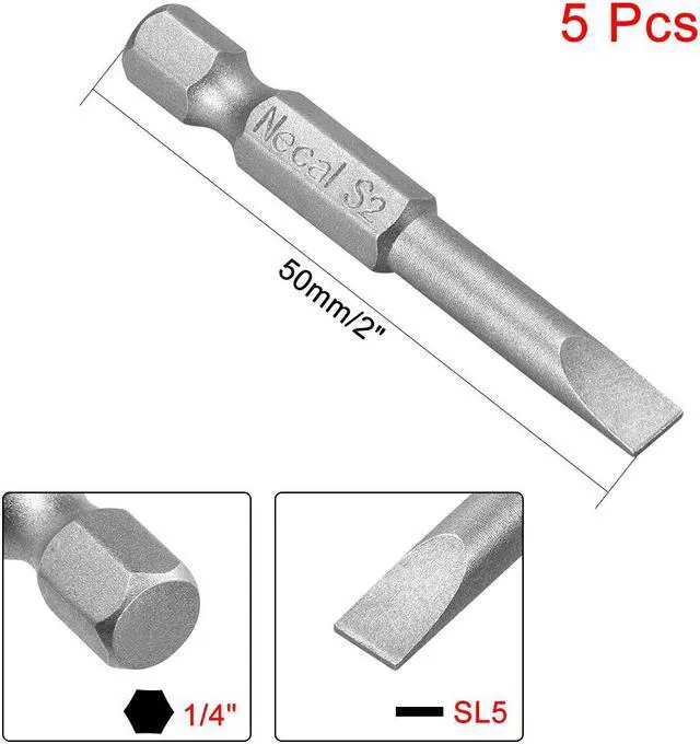 Alt view image 2 of 4 - 5Pcs 1/4" Hex Shank 50mm Length Magnetic SL5 Slot Head Screwdriver Bits S2 Alloy Steel