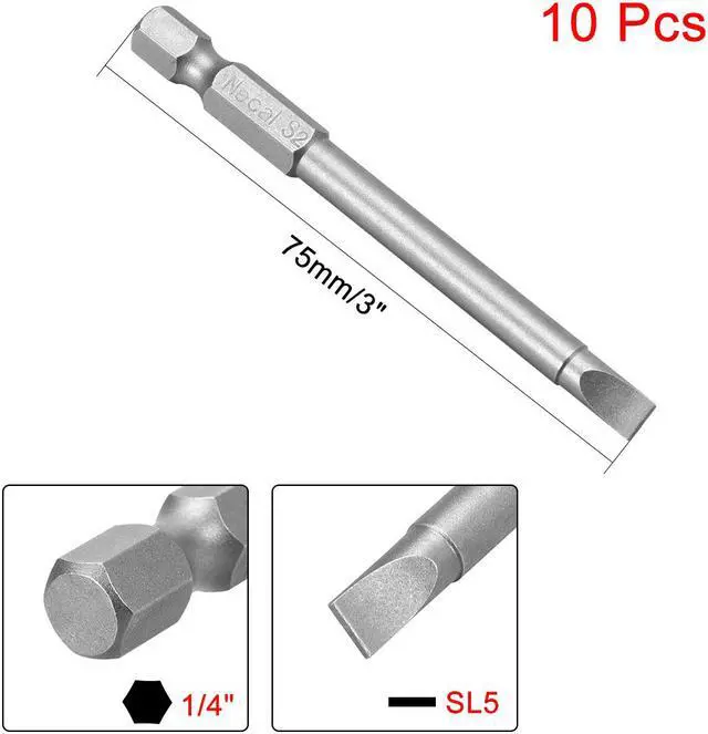 Alt view image 2 of 4 - 10 Pcs 1/4" Hex Shank 75mm Length Magnetic SL5 Slot Head Screwdriver Bits S2 Alloy Steel