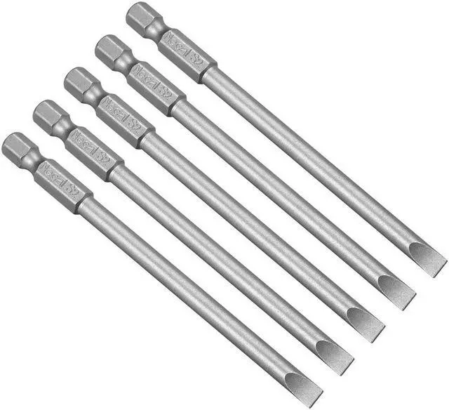 Main image of 5Pcs 1/4" Hex Shank 100mm Length Magnetic SL5 Slot Head Screwdriver Bits S2 Alloy Steel