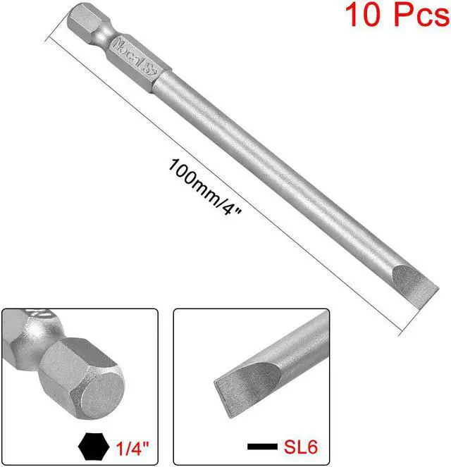 Alt view image 2 of 4 - 10Pcs 1/4" Hex Shank 100mm Length Magnetic SL6 Slot Head Screwdriver Bits S2 Alloy Steel