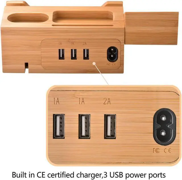 Alt view image 5 of 7 - Charging Station for Apple Watches, iPhones, Air Pod Apple Watch Charger Stand Air Pods Charging Dock Bamboo Wood Charging Station with 3 USB Power Ports