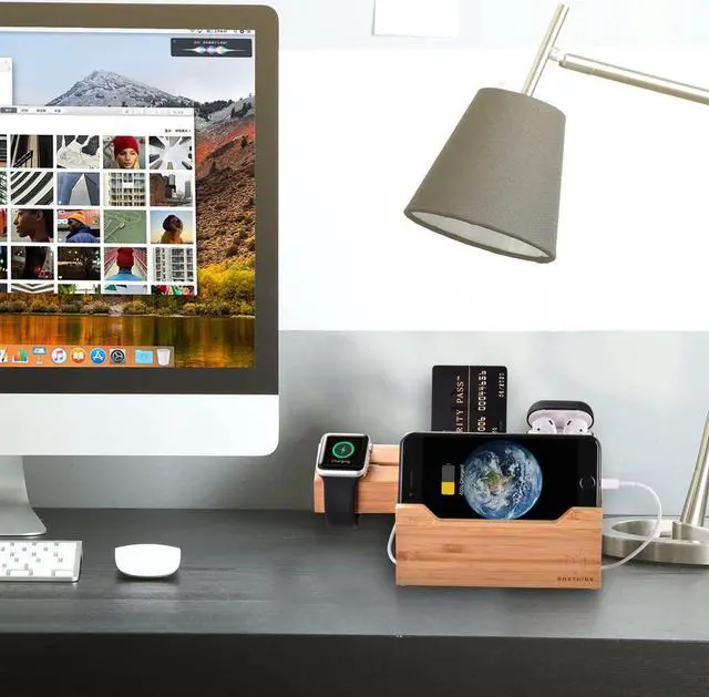 Alt view image 2 of 7 - Charging Station for Apple Watches, iPhones, Air Pod Apple Watch Charger Stand Air Pods Charging Dock Bamboo Wood Charging Station with 3 USB Power Ports