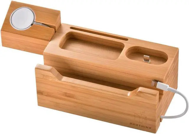 Alt view image 3 of 7 - Charging Station for Apple Watches, iPhones, Air Pod Apple Watch Charger Stand Air Pods Charging Dock Bamboo Wood Charging Station with 3 USB Power Ports