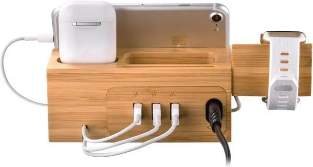 Alt view image 7 of 7 - Charging Station for Apple Watches, iPhones, Air Pod Apple Watch Charger Stand Air Pods Charging Dock Bamboo Wood Charging Station with 3 USB Power Ports