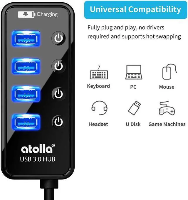 Alt view image 3 of 7 - atolla 4-Port USB 3.0 Hub with 4 USB 3.0 Data Ports and 1 USB Smart Charging Port, USB Splitter with Individual On/Off Switches and 5V/3A Power Adapter