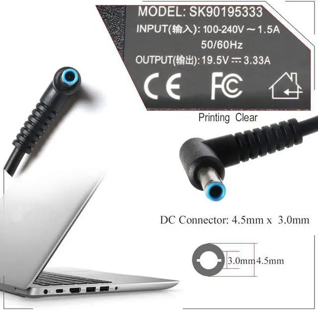 Alt view image 2 of 7 - 19.5V 3.33A 65W Laptop Charger AC Adapter for HP Envy X360 15-U050CA 15-U010DX Envy 15 15T Chromebook 14 11 G3 G4 G5 EE Series 11-V010WM 11-V020WM 11-V031NR 14-Q010NR 14-Q010DX with Power Cord