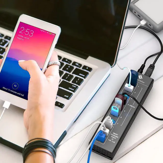 Alt view image 7 of 7 - SmartDelux Powered USB Hub - 10-Port USB 3.0 Hub with 7 USB 3.0 Ports, 3 Smart Charging Ports, Power Adapter, Long Cord, LEDs - Black Aluminum