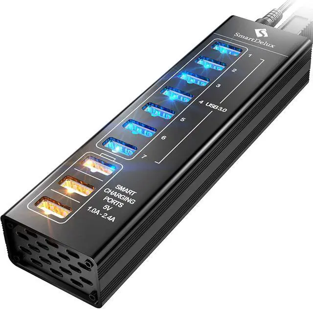 Main image of SmartDelux Powered USB Hub - 10-Port USB 3.0 Hub with 7 USB 3.0 Ports, 3 Smart Charging Ports, Power Adapter, Long Cord, LEDs - Black Aluminum