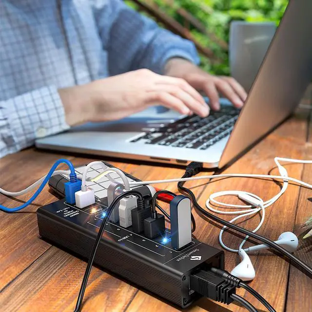 Alt view image 6 of 7 - SmartDelux Powered USB Hub - 10-Port USB 3.0 Hub with 7 USB 3.0 Ports, 3 Smart Charging Ports, Power Adapter, Long Cord, LEDs - Black Aluminum