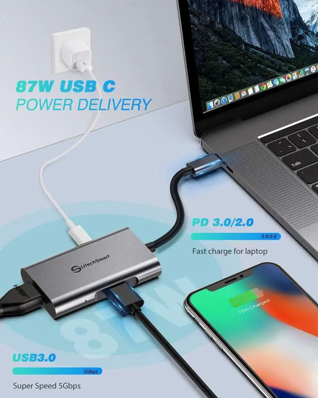 Alt view image 7 of 7 - USB C to HDMI Adapter, UtechSmart USB C Hub to Dual HDMI, 4 in 1 Thunderbolt 3 to HDMI with 2 HDMI Ports 4K,USB 3.0 Port,Power Delivery Type C Port Compatible for MacBook,Nintendo Switch,USB C Device