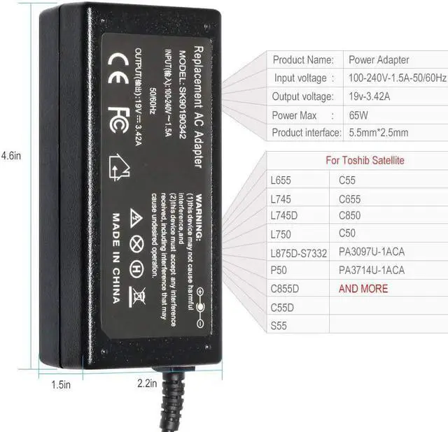 Alt view image 3 of 7 - VillaCool New 65W Laptop Charger AC Adapter for Toshiba Satellite C655 C850 C50 C55 L655 L745 L755 C855 P50 C855D C55D S55; Portege Z30 Z930 Z830;Satellite Radius 11 14 15 Power Supply Cord-19V/3.42A