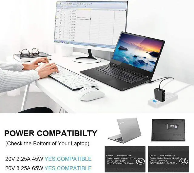 Alt view image 6 of 6 - IdeaPad Charger 65W 45W Round Tip Power Supply AC Adapter for Lenovo IdeaPad 330-14, 330-15, 330-17, 510-15, 330s-14, 330s-15 Lenovo Flex 6-14 Laptop Charger