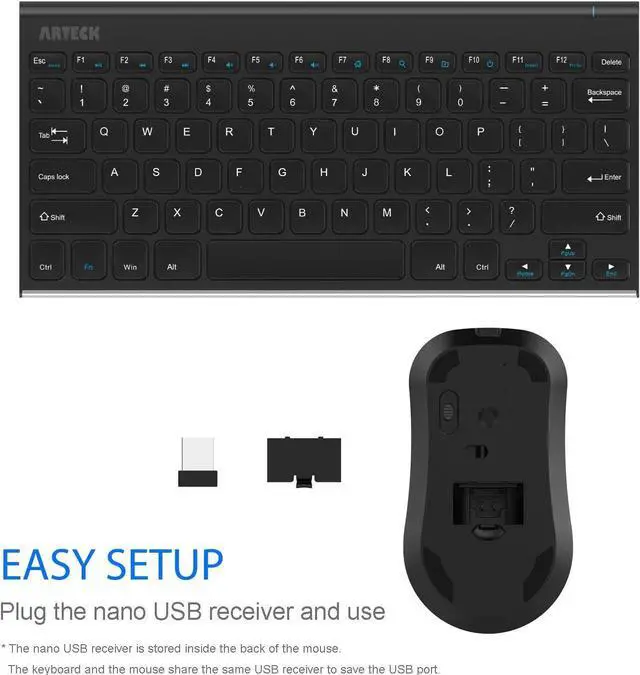 Alt view image 4 of 7 - Arteck 2.4G Wireless Keyboard and Mouse Combo Ultra Compact Slim Stainless Full Size Keyboard and Ergonomic Mouse for Computer/Desktop/PC/Laptop and Windows 10/8/7 Build in Rechargeable Battery