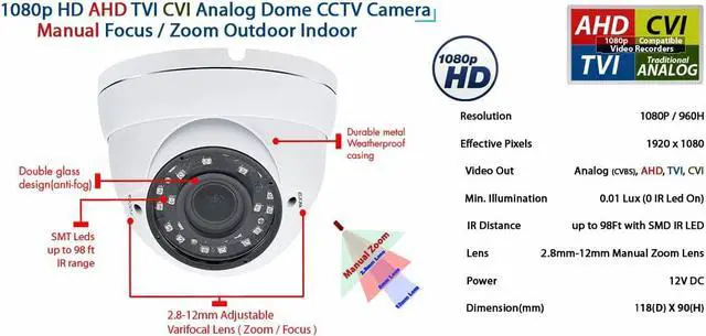 Alt view image 3 of 6 - Evertech 1080P HD 2.8-12mm Wide Angle Manual Zoom Lens Indoor Outdoor Metal Dome Camera for Security Surveillance Systems