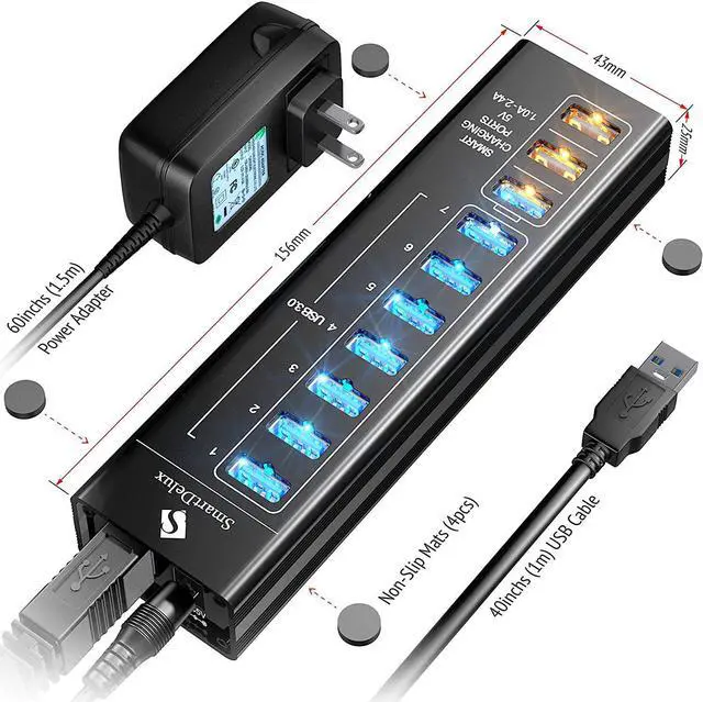 Alt view image 3 of 7 - SmartDelux Powered USB Hub - 10-Port USB 3.0 Hub with 7 USB 3.0 Ports, 3 Smart Charging Ports, Power Adapter, Long Cord, LEDs - Black Aluminum