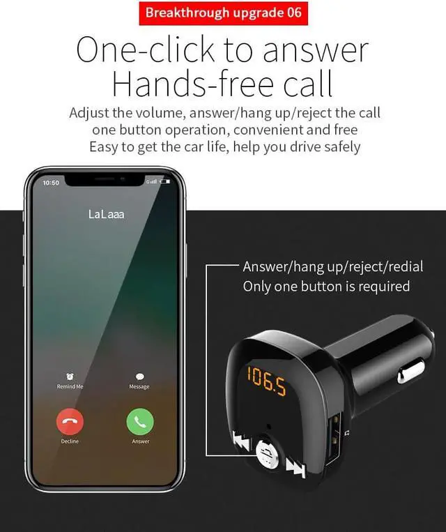 Alt view image 6 of 6 - New Bluetooth Car Charger BC40 FM Modulator Wireless Bluetooth Handsfree Car Kit 3.1A Dual USB Car Charger Accessories
