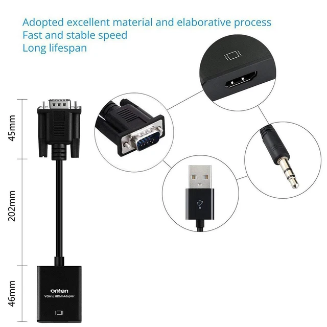 Alt view image 5 of 7 - Onten VGA to HDMI Adapter, VGA Male to HDMI Female Cable Converter with 1080P HD Video and Audio Support for Connecting Old PC, Laptop with a VGA Output to New Monitor, HDTV