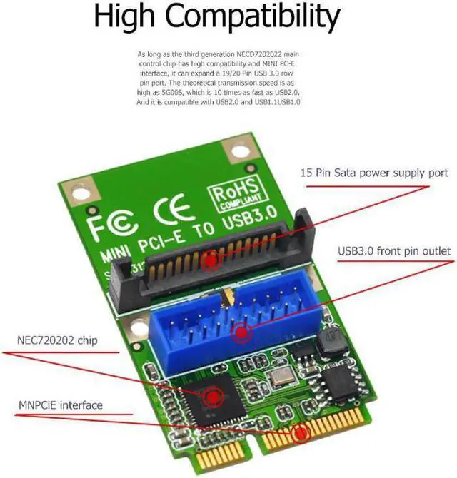 Alt view image 3 of 6 - Mini Pci-E To Usb3.0 Adapter Card Mini Pcie To19-Pin 20Pin Usb 3.0 Expansion Card With 15Pin Sata Power Ports For Desktop Pc