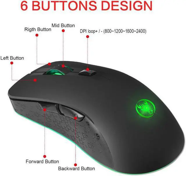 Alt view image 2 of 5 - 2.4GHz Wireless Gaming Mouse 2400DPI Optical USB Mouse Gamer Mouse Built-in Rechargeable Battery for Computer Laptop PC Mice