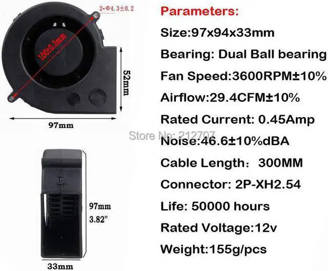 Alt view image 5 of 5 - 5pcs 97x97x33mm 9cm 90mm Laptop Cooling Cooler Ball Bearing Radial Blower Fan 12 Volt