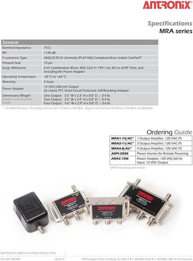 Alt view image 6 of 6 - Antronix MRA1-15AC Amplifier, 1 Port,15dB Gain, Output 5-1002Mhz + Power Adapter
