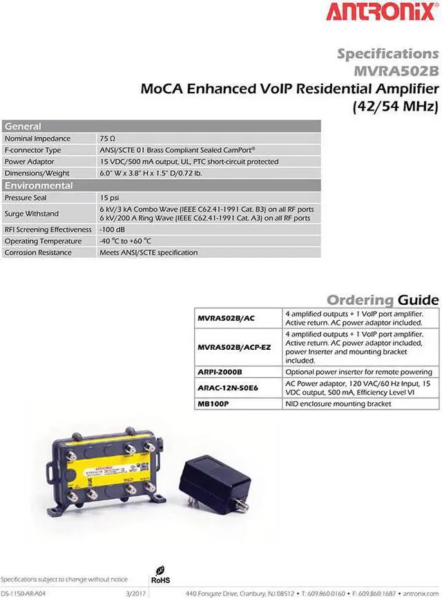 Alt view image 7 of 7 - Antronix MVRA502B/ACP-EZ MoCa 4+1 VoIP Port Residential Amplifier