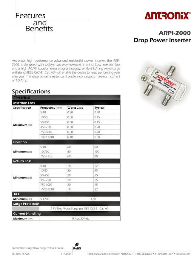 Alt view image 6 of 8 - Antronix ARPI-2000 Drop Power Inserter Power Bringing Coaxial Splitter