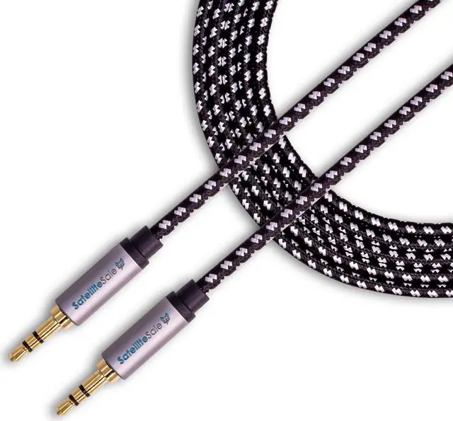 Main image of SatelliteSale Auxiliary 3.5mm Audio Jack Male to Male Digital Stereo Aux Cable Universal Wire Black/White Nylon Cord 3 feet