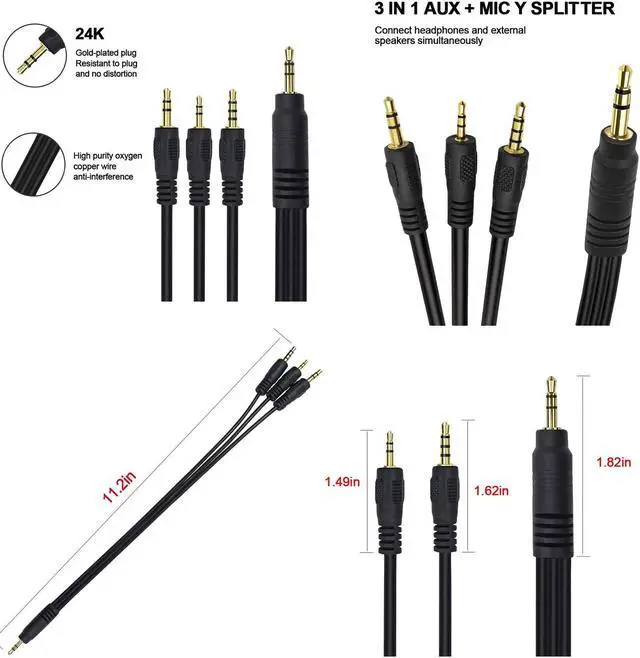 Alt view image 5 of 6 - 3.5mm 1/8" TRS Male to 3.5mm 3pole & TRRS 4pole Male & 2.5mm TRS 3 pole Male 3 Way Stereo Audio AUX Headphone Splitter Y Cable (1pcs)