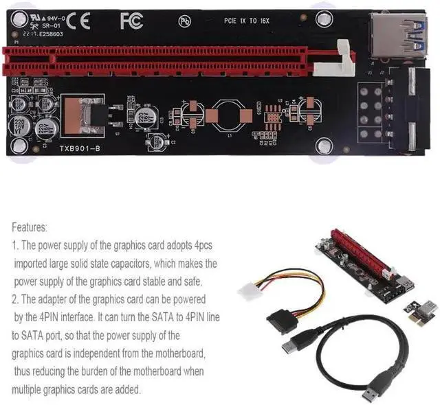 Alt view image 6 of 6 - Amify PCIE Riser PCI-E Express 1x To 16x Extender Riser Card Adapter 4Pin molex USB 3.0 Extension Cable Graphic Riser for BTC Miner