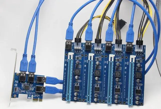 Alt view image 6 of 6 - Amify Mining Card PCI E 1 to 4 2 PCIe PCI Express 1X 1 to 3 Port 1X Switch Multiplier HUB Riser Card External Internal + USB 3.0 Cable