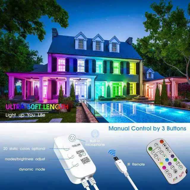 Alt view image 6 of 7 - LED Strip Lights, 50ft/15M RGB Led Light Strip with Bluetooth Remote App Controller Color Changing 5050 LED Rope Lights Strip Sync to Music for Party Home Bedroom Lighting Kitchen Bed Flexible Strip