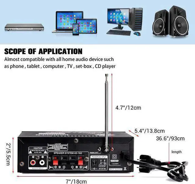 Alt view image 12 of 14 - Wireless Bluetooth 5.0 Stereo Audio Amplifier, 300W+300W Dual Channel Power Sound Receiver w/USB, SD Card, FM Radio for Home Speakers & Theater System with Remote Controller - US Plug