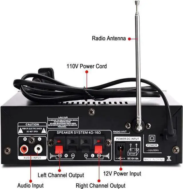 Alt view image 11 of 14 - Wireless Bluetooth 5.0 Stereo Audio Amplifier, 300W+300W Dual Channel Power Sound Receiver w/USB, SD Card, FM Radio for Home Speakers & Theater System with Remote Controller - US Plug